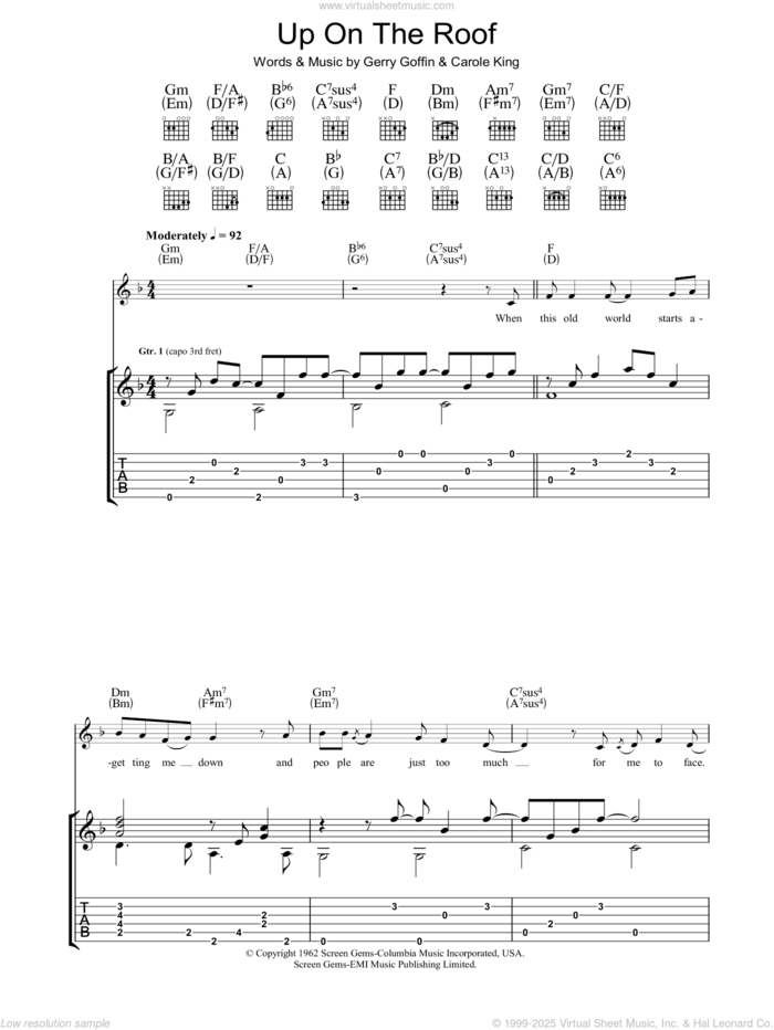 Up On The Roof sheet music for guitar (tablature) by James Taylor, The Drifters, Carole King and Gerry Goffin, intermediate skill level