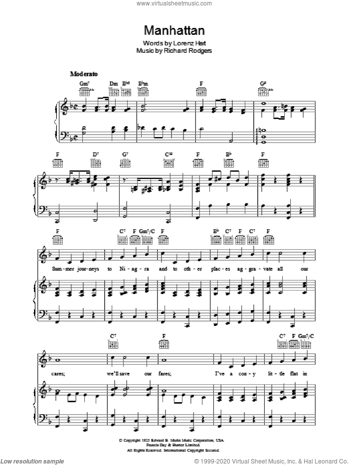 Manhattan sheet music for voice, piano or guitar by Rodgers & Hart, Lorenz Hart and Richard Rodgers, intermediate skill level