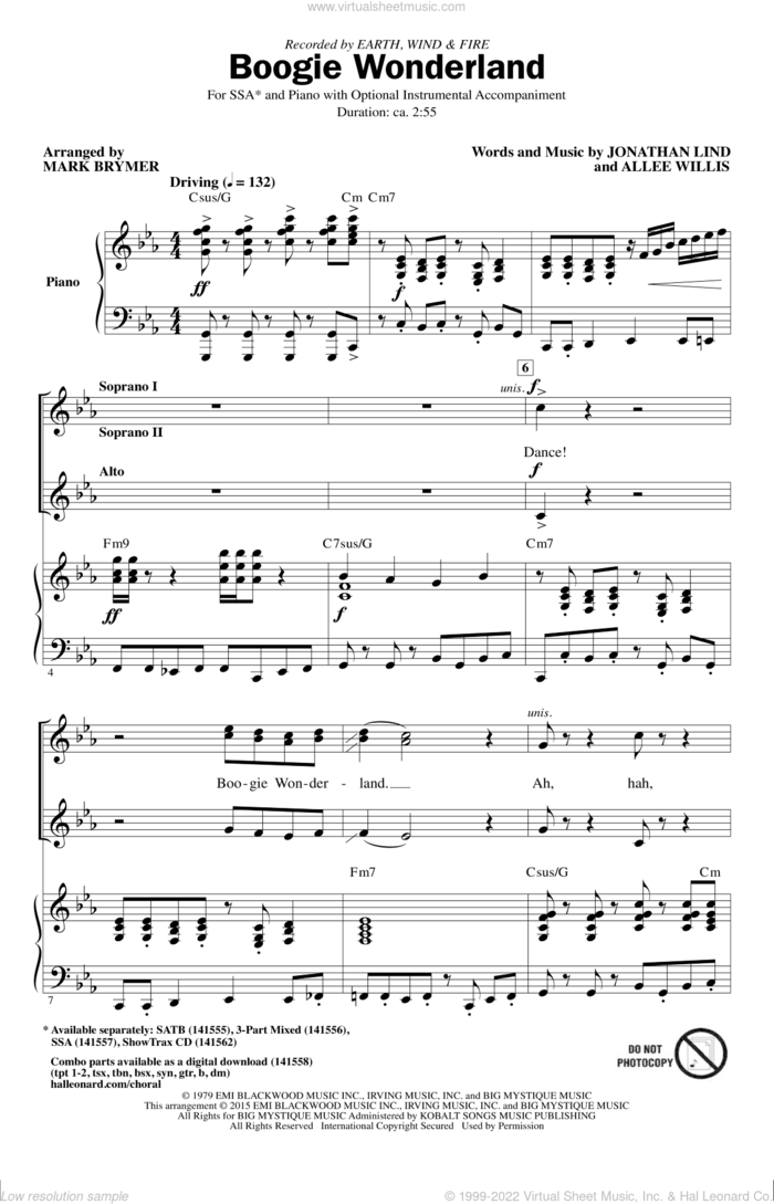 Boogie Wonderland sheet music for choir (SSA: soprano, alto) by Mark Brymer, Allee Willis, Earth, Wind & Fire, Earth, Wind and Fire and Jonathan Lind, intermediate skill level
