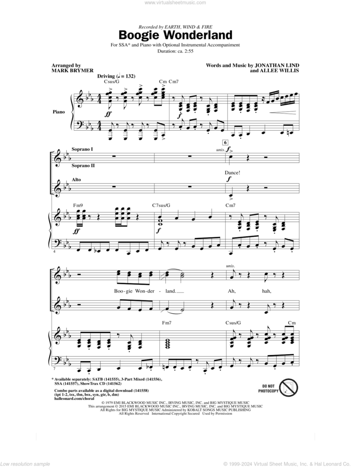 Boogie Wonderland sheet music for choir (SSA: soprano, alto) by Mark Brymer, Allee Willis, Earth, Wind & Fire, Earth, Wind and Fire and Jonathan Lind, intermediate skill level