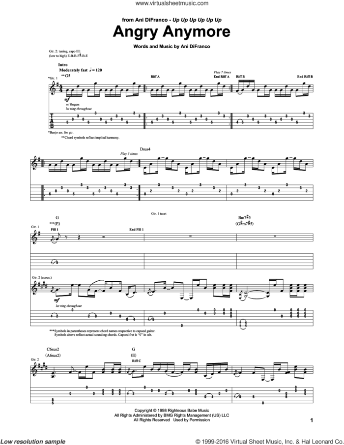Angry Anymore sheet music for guitar (tablature) by Ani DiFranco, intermediate skill level