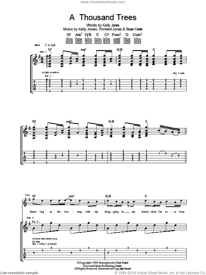 A Thousand Trees sheet music for guitar (tablature) by Stereophonics, Kelly Jones, Richard Jones and Stuart Cable, intermediate skill level