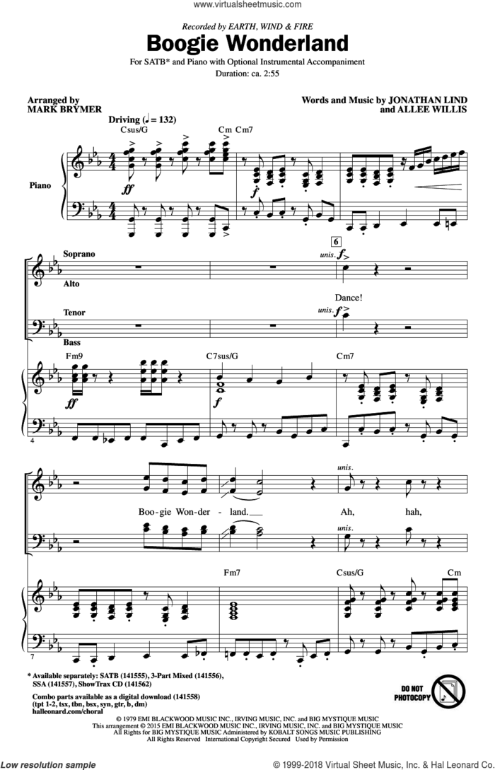 Boogie Wonderland sheet music for choir (SATB: soprano, alto, tenor, bass) by Mark Brymer, Allee Willis, Earth, Wind & Fire and Jonathan Lind, intermediate skill level