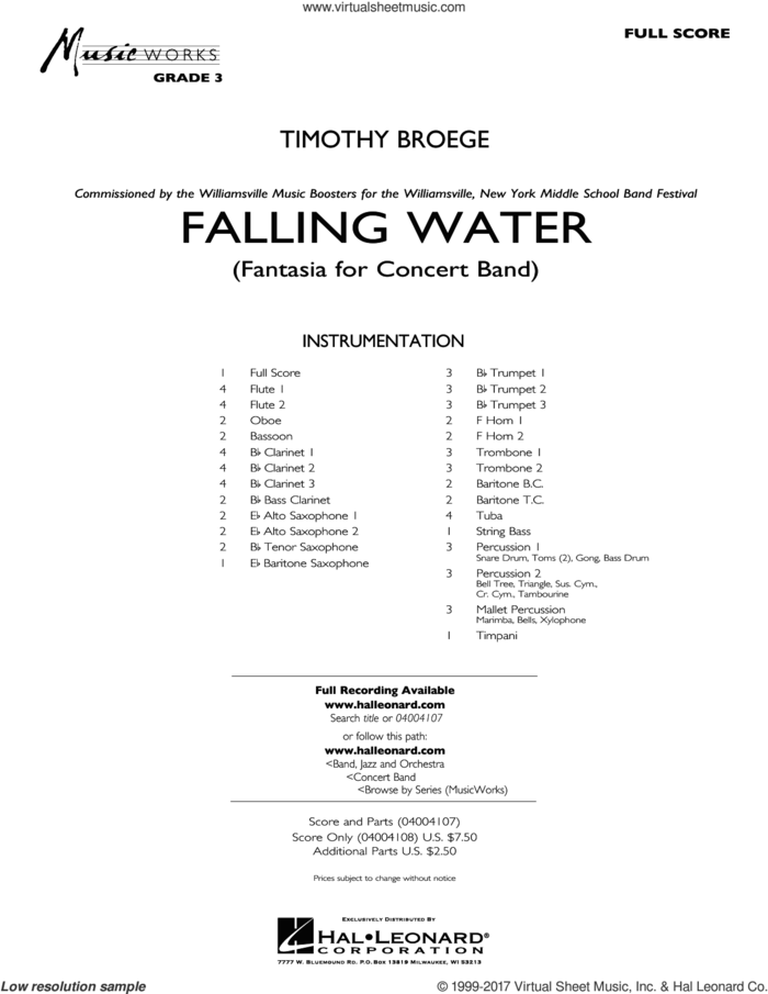 Falling Water (COMPLETE) sheet music for concert band by Timothy Broege, intermediate skill level