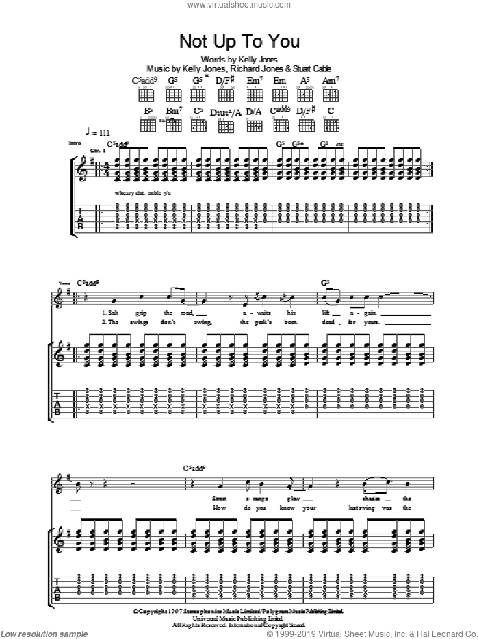 Not Up To You sheet music for guitar (tablature) by Stereophonics, Kelly Jones, Richard Jones and Stuart Cable, intermediate skill level