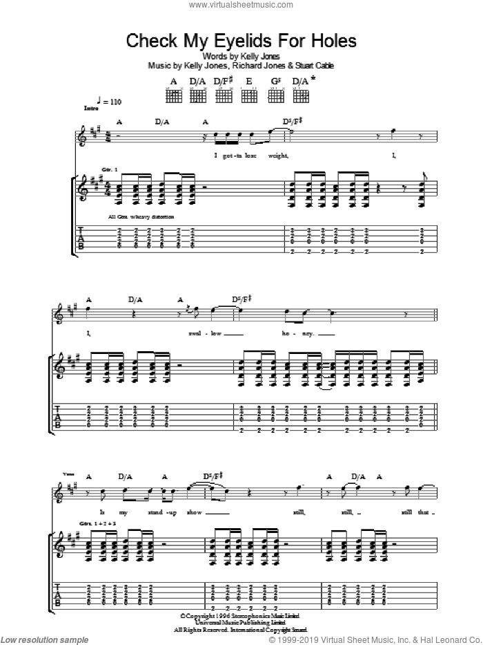 Check My Eyelids For Holes sheet music for guitar (tablature) by Stereophonics, Kelly Jones, Richard Jones and Stuart Cable, intermediate skill level
