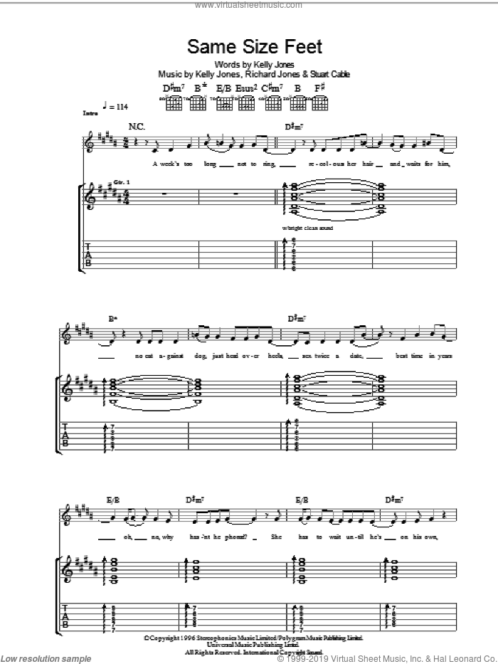 Same Size Feet sheet music for guitar (tablature) by Stereophonics, Kelly Jones and Richard Jones, intermediate skill level