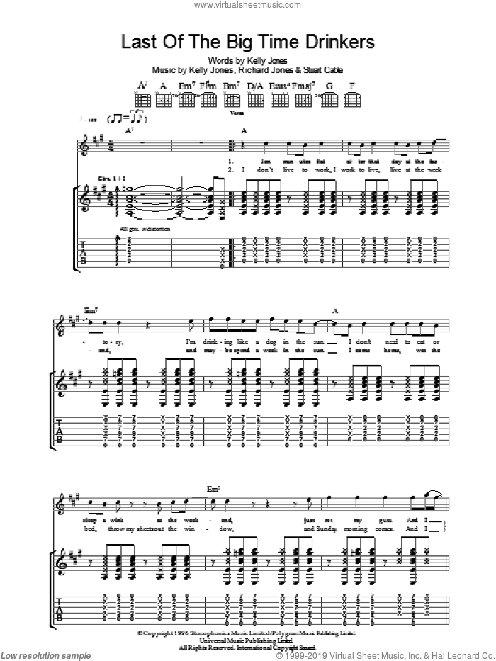 Last Of The Big Time Drinkers sheet music for guitar (tablature) by Stereophonics, Kelly Jones, Richard Jones and Stuart Cable, intermediate skill level
