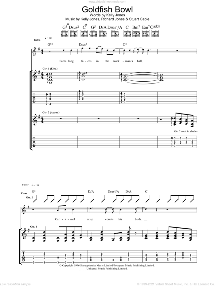Goldfish Bowl sheet music for guitar (tablature) by Stereophonics, Kelly Jones, Richard Jones and Stuart Cable, intermediate skill level