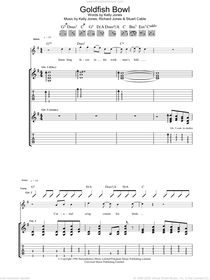 Goldfish Bowl sheet music for guitar (tablature) by Stereophonics, Kelly Jones, Richard Jones and Stuart Cable, intermediate skill level