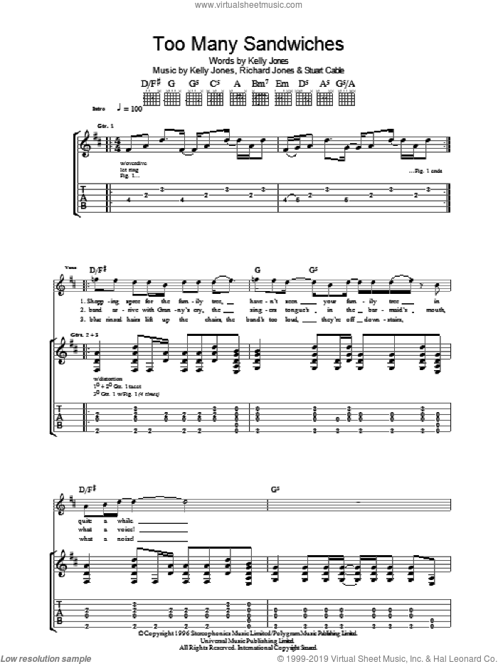 Too Many Sandwiches sheet music for guitar (tablature) by Stereophonics, Kelly Jones, Richard Jones and Stuart Cable, intermediate skill level