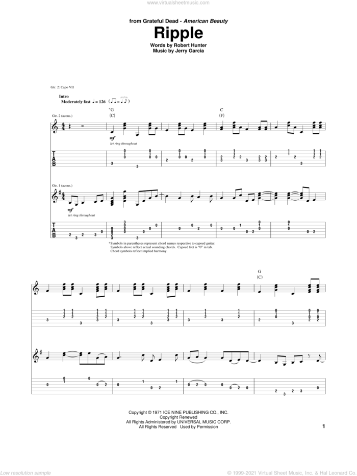 Ripple sheet music for guitar (tablature) by Grateful Dead, Jerry Garcia and Robert Hunter, intermediate skill level