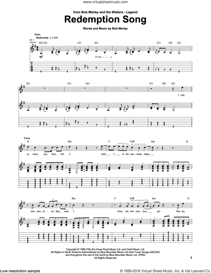 Redemption Song sheet music for guitar (tablature) by Bob Marley and Rihanna, intermediate skill level