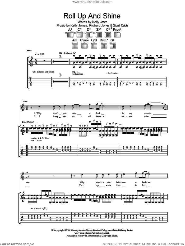 Roll Up And Shine sheet music for guitar (tablature) by Stereophonics, Kelly Jones, Richard Jones and Stuart Cable, intermediate skill level
