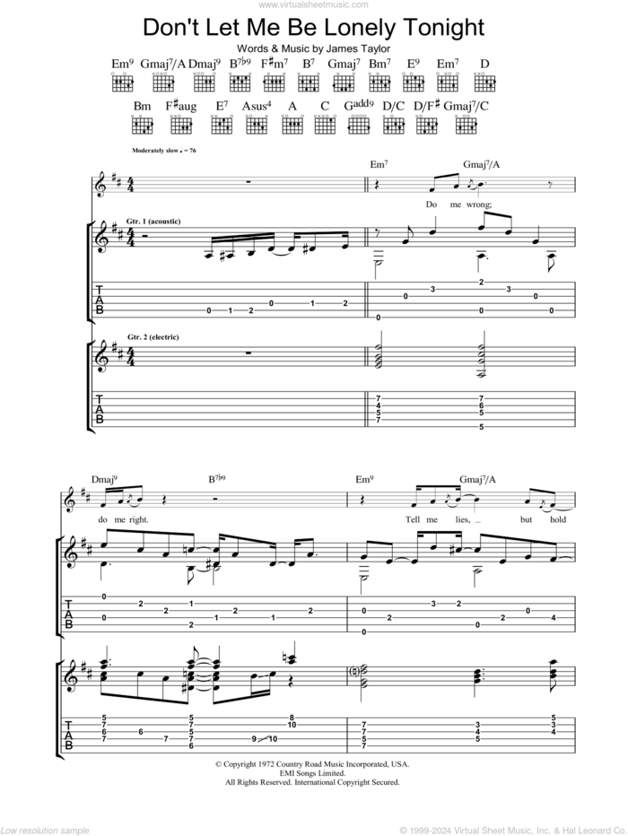Don't Let Me Be Lonely Tonight sheet music for guitar (tablature) by James Taylor, intermediate skill level