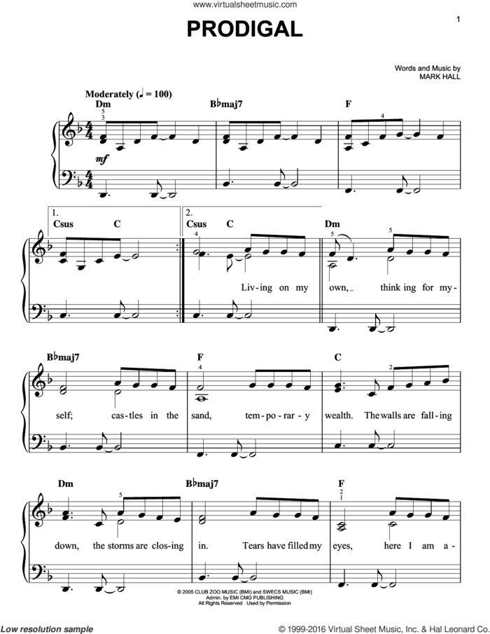 Prodigal sheet music for piano solo by Casting Crowns and Mark Hall, easy skill level