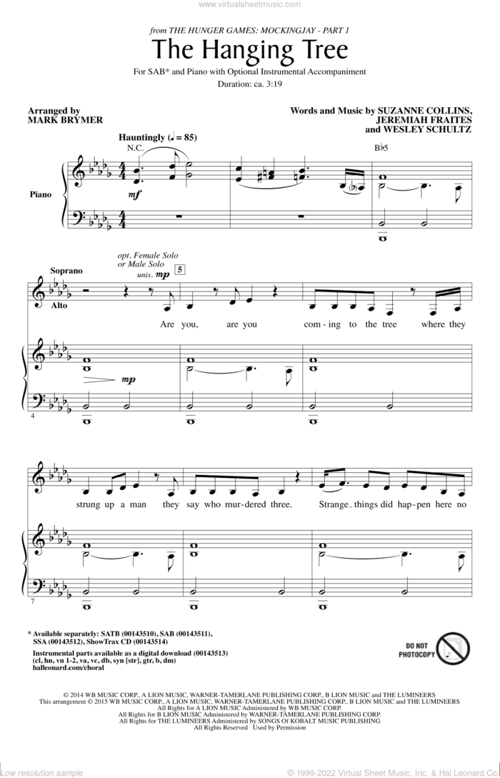 The Hanging Tree (arr. Mark Brymer) sheet music for choir (SAB: soprano, alto, bass) by Mark Brymer, James Newton Howard, Jeremiah Fraites, Suzanne Collins and Wesley Schultz, intermediate skill level