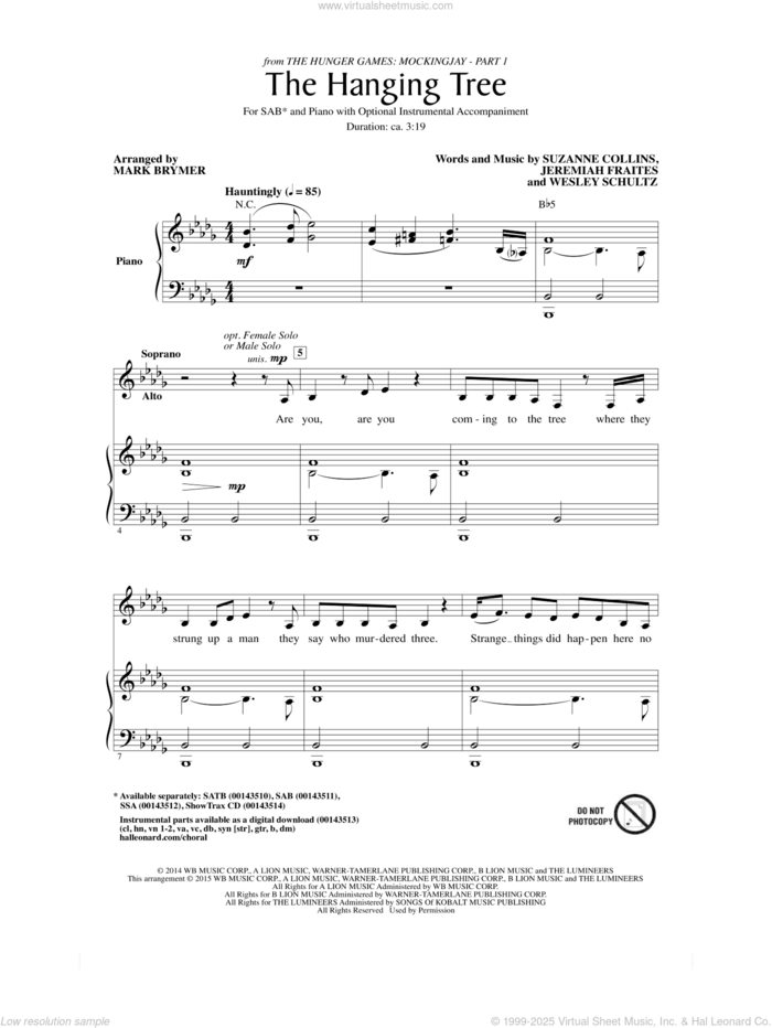 The Hanging Tree (arr. Mark Brymer) sheet music for choir (SAB: soprano, alto, bass) by Mark Brymer, James Newton Howard, Jeremiah Fraites, Suzanne Collins and Wesley Schultz, intermediate skill level