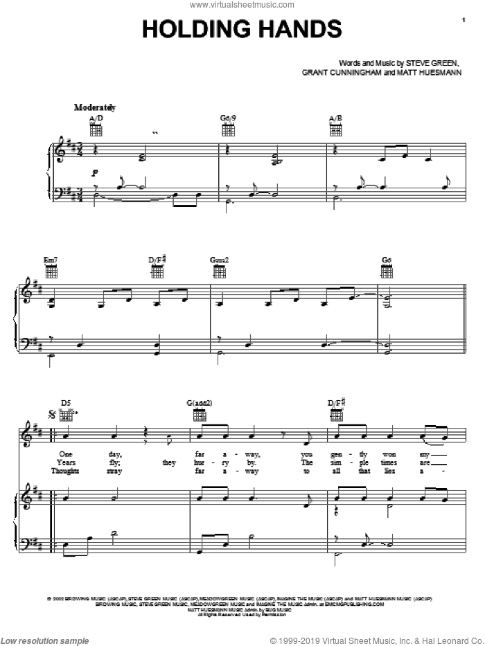 Holding Hands sheet music for voice, piano or guitar by Steve Green, Grant Cunningham and Matt Huesmann, intermediate skill level