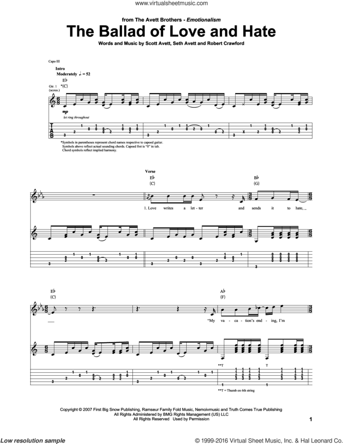 The Ballad Of Love And Hate sheet music for guitar (tablature) by The Avett Brothers, Robert Crawford, Scott Avett and Seth Avett, intermediate skill level