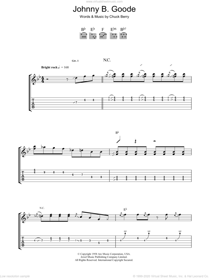Johnny B. Goode sheet music for guitar (tablature) by Chuck Berry, intermediate skill level