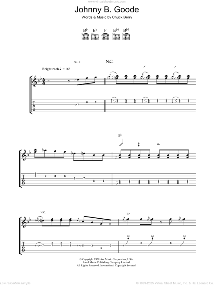 Johnny B. Goode sheet music for guitar (tablature) by Chuck Berry, intermediate skill level