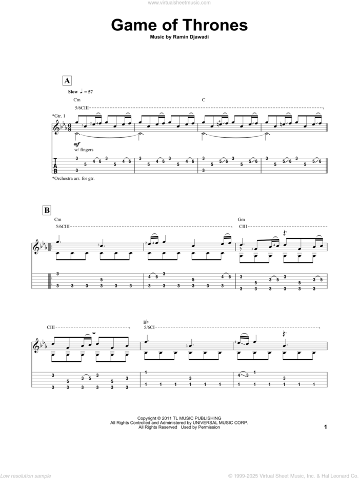 Game Of Thrones - Main Title sheet music for guitar (tablature) by Ramin Djawadi and Game Of Thrones (TV Series), classical score, intermediate skill level