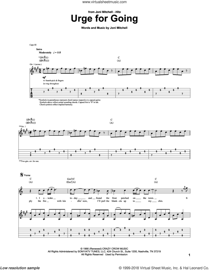 Urge For Going sheet music for guitar (tablature) by Joni Mitchell, intermediate skill level
