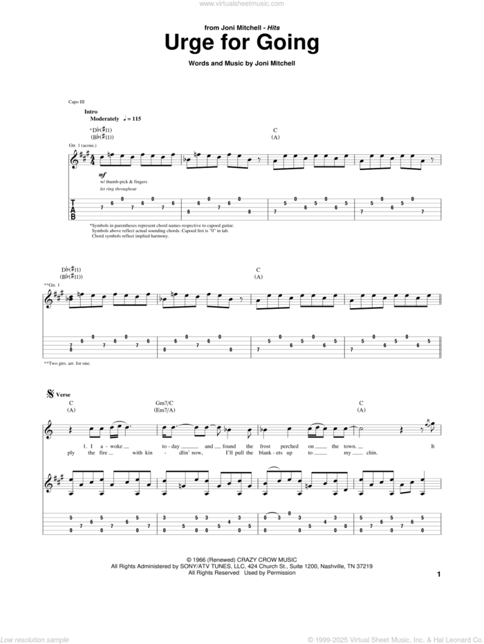 Urge For Going sheet music for guitar (tablature) by Joni Mitchell, intermediate skill level