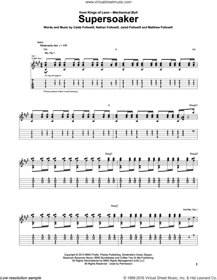 Supersoaker sheet music for guitar (tablature) by Kings Of Leon, Caleb Followill, Jared Followill, Matthew Followill and Nathan Followill, intermediate skill level