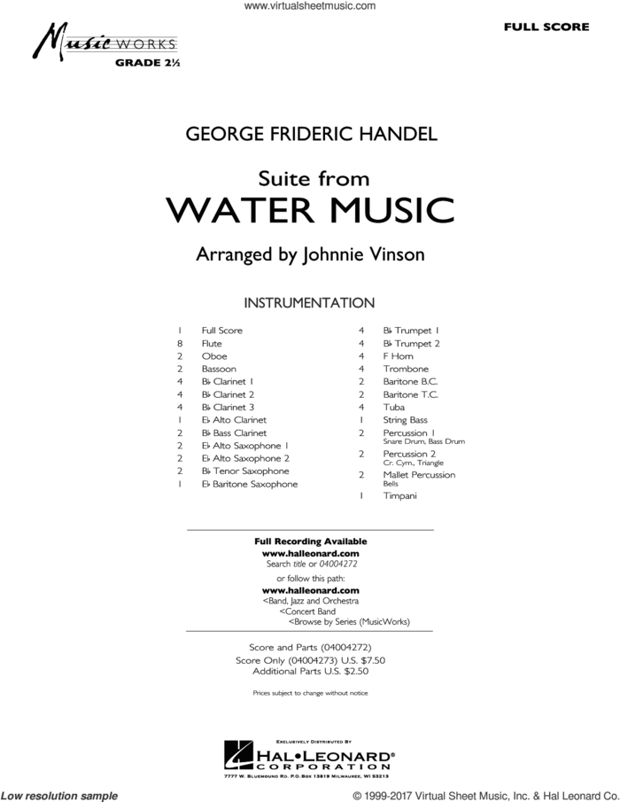 Suite from Water Music (COMPLETE) sheet music for concert band by George Frideric Handel and Johnnie Vinson, intermediate skill level