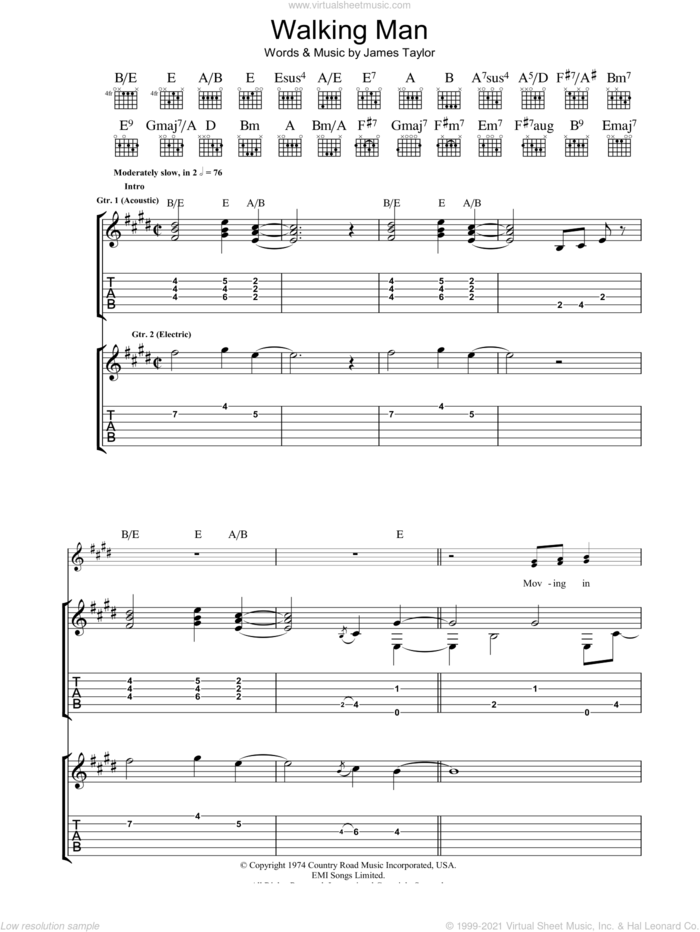 Walking Man sheet music for guitar (tablature) by James Taylor, intermediate skill level