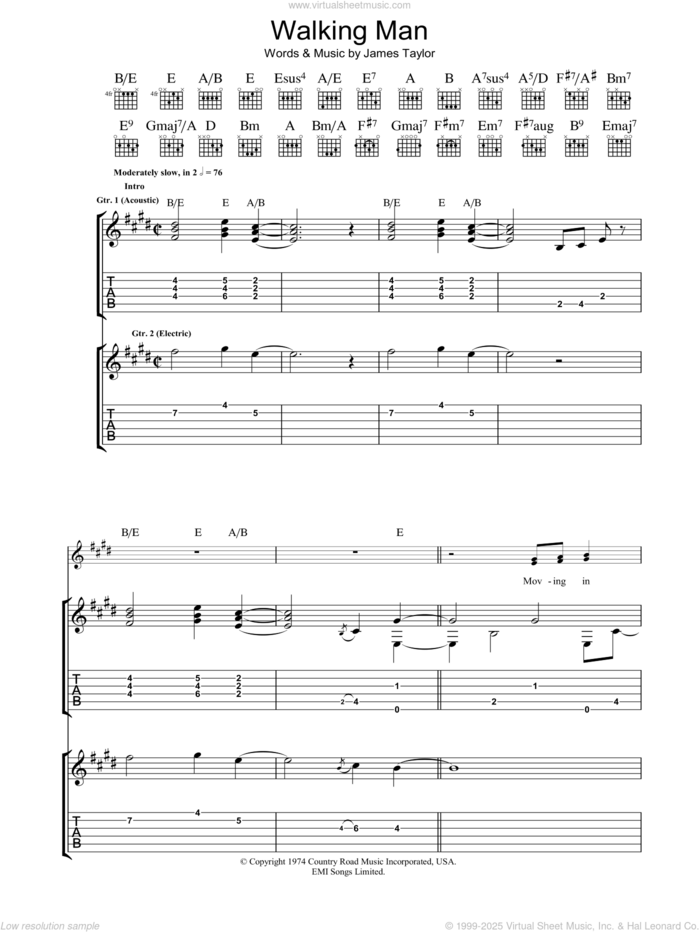 Walking Man sheet music for guitar (tablature) by James Taylor, intermediate skill level