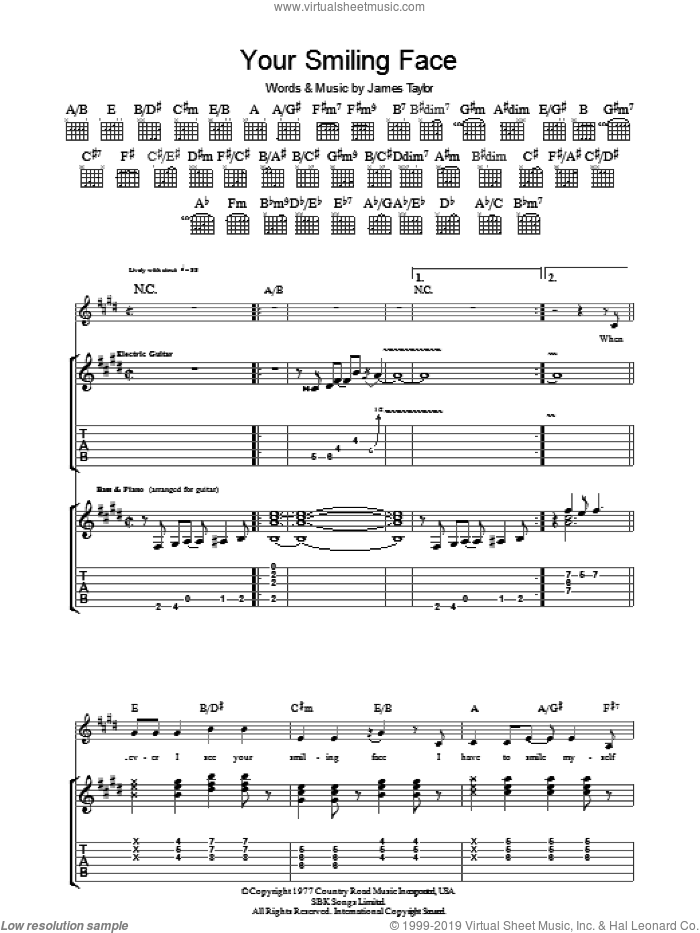Your Smiling Face sheet music for guitar (tablature) by James Taylor, intermediate skill level