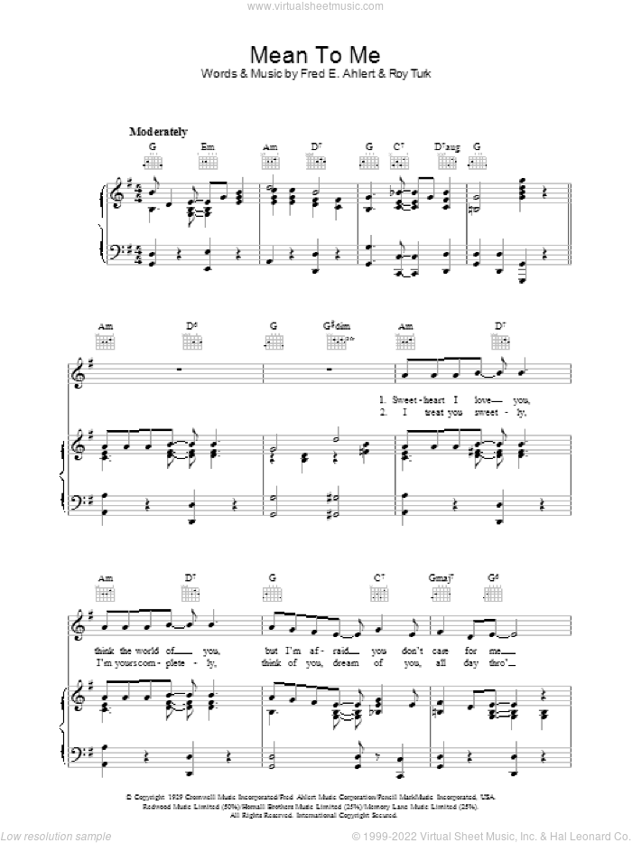 Mean To Me (from Love Me Or Leave Me) sheet music for voice, piano or guitar by Roy Turk and Fred Ahlert, intermediate skill level