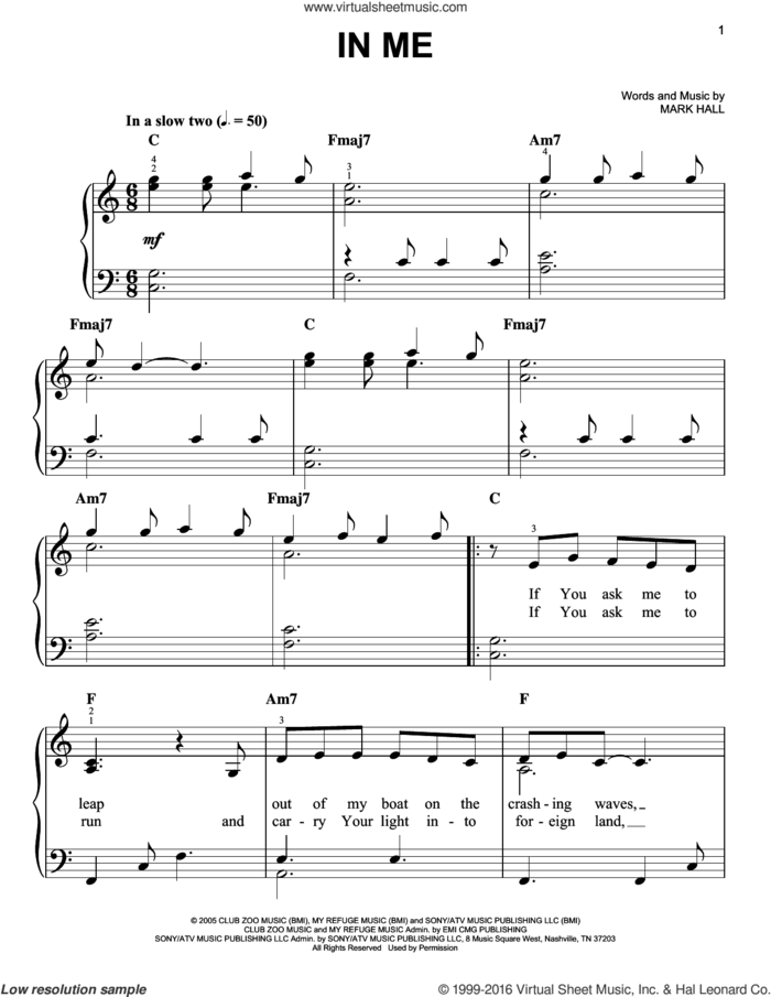 In Me sheet music for piano solo by Casting Crowns and Mark Hall, easy skill level