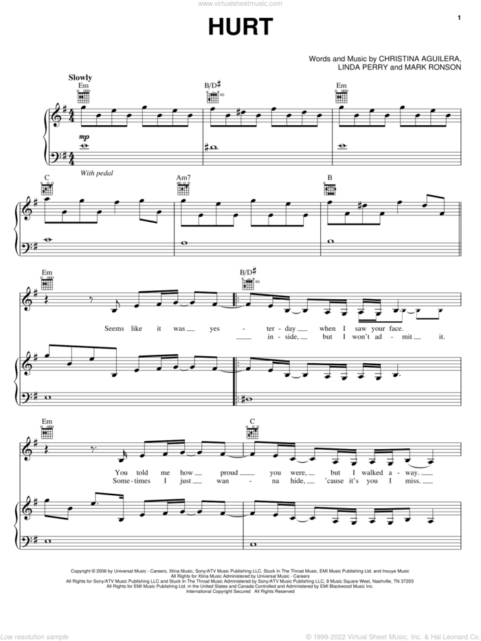 Hurt sheet music for voice, piano or guitar by Christina Aguilera, Linda Perry and Mark Ronson, intermediate skill level