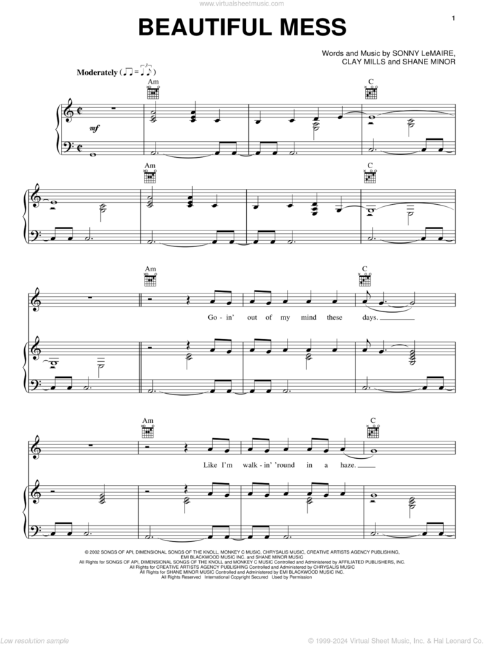 Beautiful Mess sheet music for voice, piano or guitar by Diamond Rio, Clay Mills, Shane Minor and Sonny LeMaire, intermediate skill level