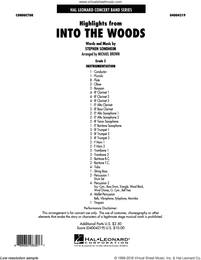 Highlights From Into The Woods (COMPLETE) sheet music for concert band by Stephen Sondheim and Michael Brown, intermediate skill level
