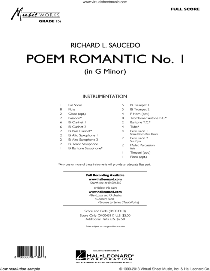 Poem Romantic No. 1 (in G Minor) (COMPLETE) sheet music for concert band by Richard L. Saucedo, intermediate skill level