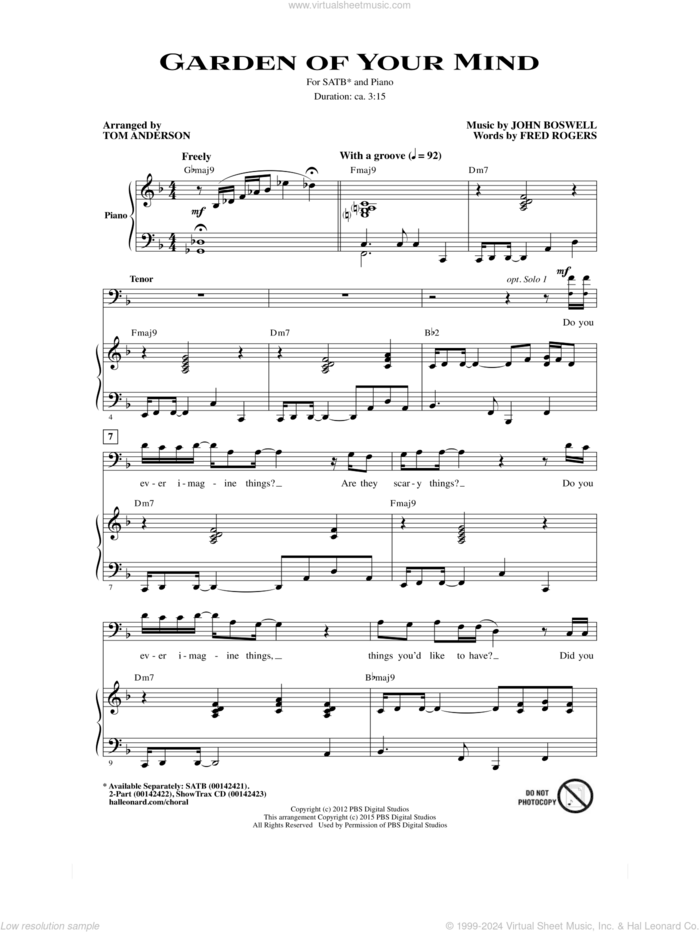 Garden Of Your Mind sheet music for choir (SATB: soprano, alto, tenor, bass) by Fred Rogers, John Boswell and Tom Anderson, intermediate skill level