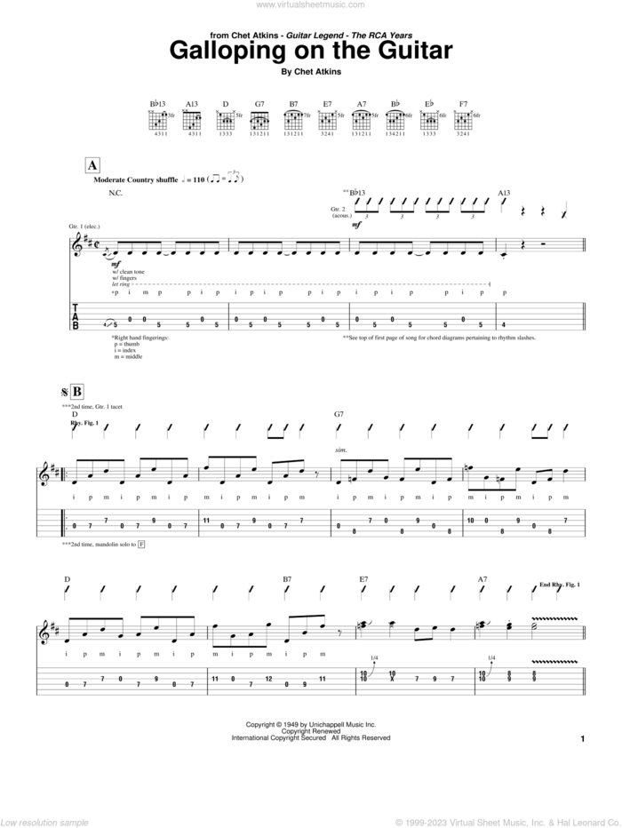 Galloping On The Guitar sheet music for guitar (tablature) by Chet Atkins, intermediate skill level