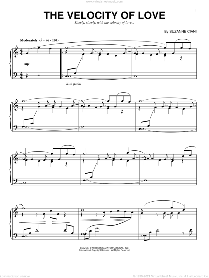 The Velocity Of Love sheet music for piano solo by Suzanne Ciani, wedding score, intermediate skill level