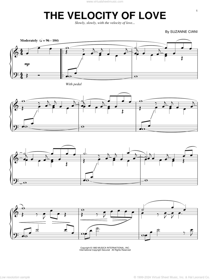 The Velocity Of Love sheet music for piano solo by Suzanne Ciani, wedding score, intermediate skill level