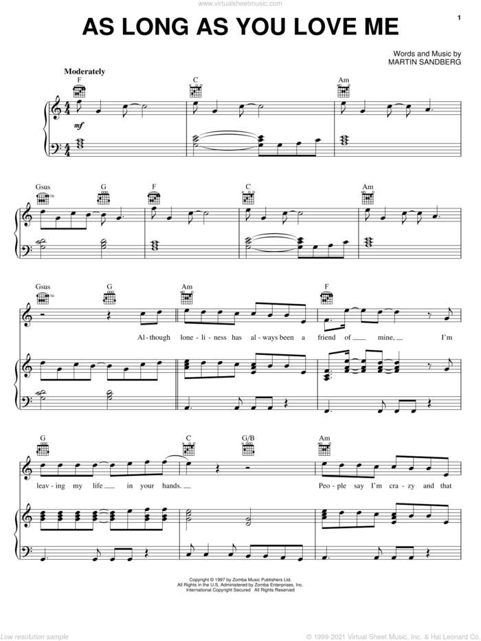 As Long As You Love Me sheet music for voice, piano or guitar by Backstreet Boys and Martin Sandberg, intermediate skill level