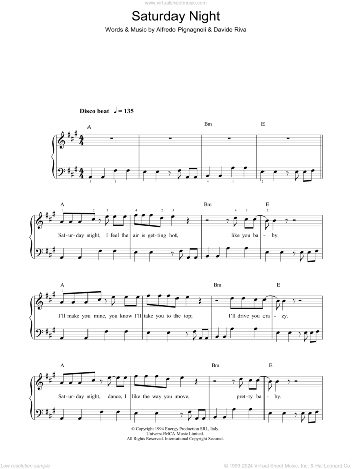 Saturday Night sheet music for piano solo by Whigfield, Alfredo Pignagnoli and Davide Riva, easy skill level