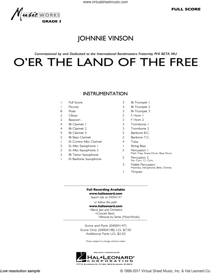 O'er the Land of the Free (COMPLETE) sheet music for concert band by Johnnie Vinson, intermediate skill level
