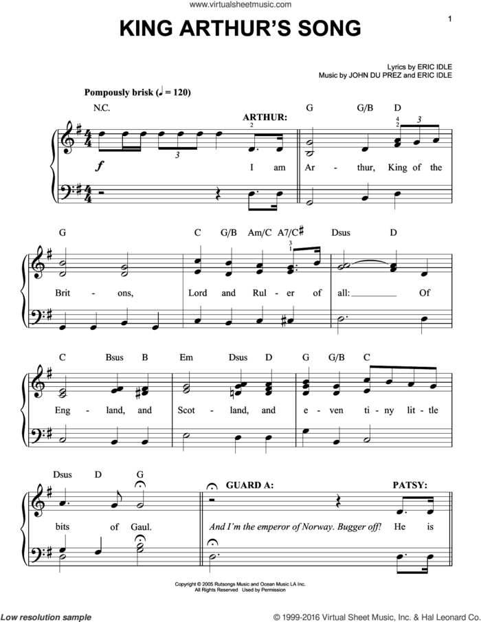 King Arthur's Song sheet music for piano solo by Eric Idle and John Du Prez, easy skill level