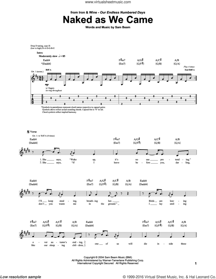 Naked As We Came sheet music for guitar (tablature) by Iron & Wine and Samuel Beam, intermediate skill level