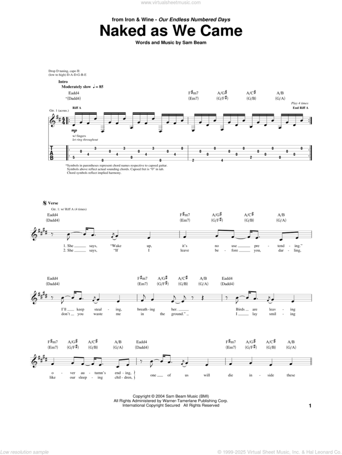 Naked As We Came sheet music for guitar (tablature) by Iron & Wine and Samuel Beam, intermediate skill level